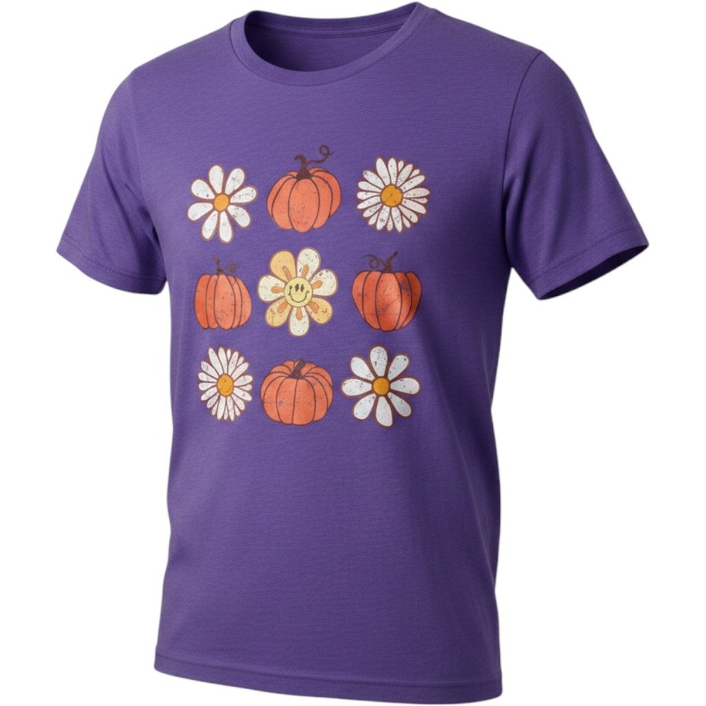 Bella Canvas Purple Pumpkin Daisy Graphic Tee XL Retro Fall Boho Smiley Shirt